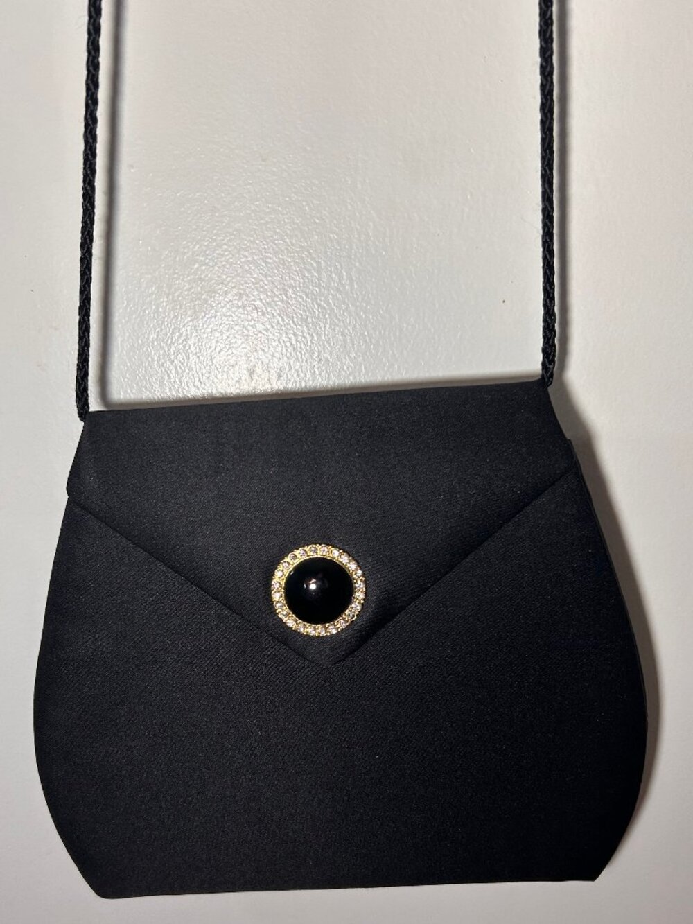 Vintage Black Satin Formal Clutch Purse Rhinestone Cabochon Accent